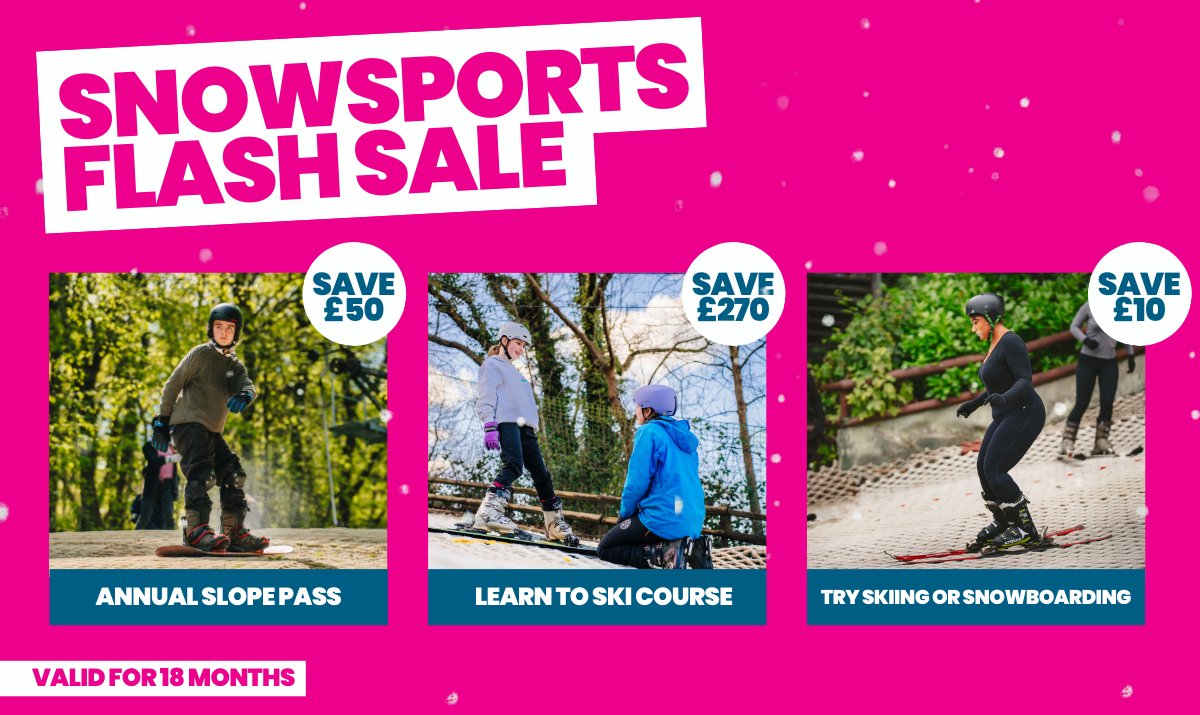 Three pictures of snowboarders set on a pink and white flyer advertising a snowsports flash sale